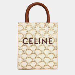 Pre Owned Celine White/Brown Leather/Canvas Mini Triomphe Cabas Vertical Tote with Strap