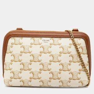 مملوكة مسبقًا Celine White Triomphe Coated Canvas Clutch On Chain