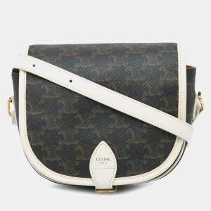 مملوكة مسبقًا Celine Brown White Medium Triomphe Coated Canvas Folco Crossbody