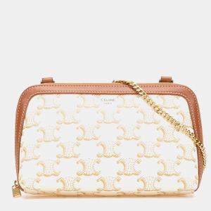 مملوكة مسبقًا Celine White Triomphe Coated Canvas Clutch On Chain