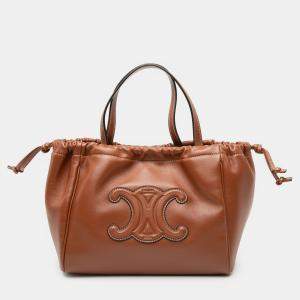 Pre Owned Celine Brown Small Calfskin Cuir Triomphe Cabas Drawstring Satchel