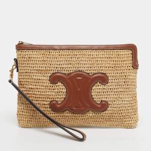 مملوكة مسبقًا Celine Triomphe Zip Brown/Natural Raffia and Leather Pouch
