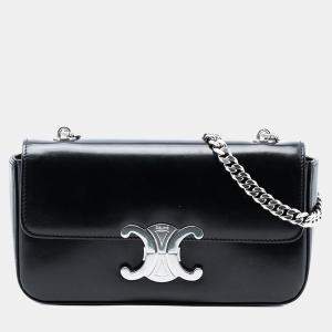 Pre Owned Celine Black Shiny Calfskin Triomphe Chain Box Shoulder Bag