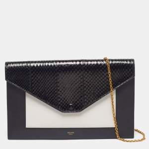 Pre Owned Celine Pocket Envelope Black/White Leather and Snakeskin Chain Clutch
