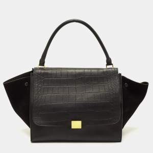 Pre Owned Celine Trapeze Large Black Croc Embossed Leather and Suede Top Handle Bag