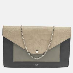 Pre Owned Celine Pocket Envelope Tricolor Croc Embossed Suede and Leather Chain Clutch