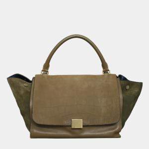 Pre Owned Celine Green Crocodile Embossed Nubuck Medium Trapeze Bag