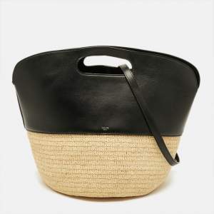 مملوكة مسبقًا Celine Handle Basket Medium Black/Natural Raffia and Leather Bag