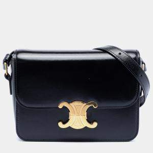 Pre Owned Celine Black Teen Shiny Calfskin Triomphe Crossbody