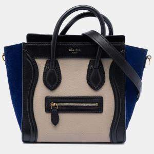 Pre Owned Celine Beige/Black/Navy Blue Nano Tricolor Leather Luggage Tote