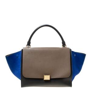 Pre Owned Celine Tri Color Leather and Suede Medium Trapeze Top Handle Bag
