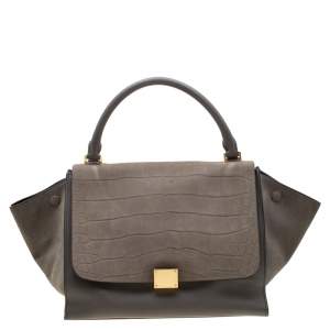 Pre Owned Celine Grey Croc Embossed Leather and Suede Medium Trapeze Top Handle Bag