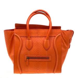 Pre Owned Celine Orange Python Mini Luggage Tote