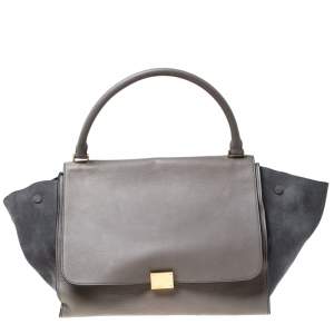 Pre Owned Celine Grey Leather and Suede Large Trapeze Top Handle Bag