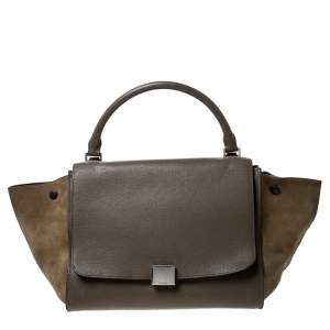 Pre Owned Celine Olive Green Leather and Suede Medium Trapeze Top Handle Bag