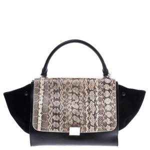 Pre Owned Celine Black/Beige Python/Suede and Leather Medium Trapeze Bag