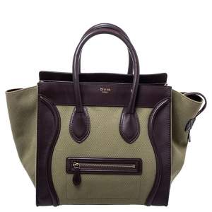 Pre Owned Celine Burgundy/Green Canvas and Leather Mini Luggage Tote