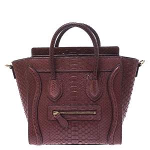 Pre Owned Celine Dark Burgundy Python Nano Luggage Tote