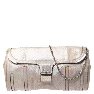 Pre Owned Celine Beige Python Chain Flap Shoulder Bag