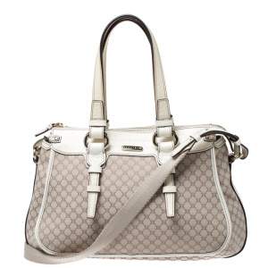 Pre Owned Celine White/Beige Macadam Canvas and Croc Embossed Leather Shoulder Bag