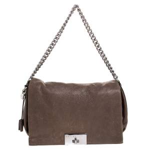 Pre Owned Celine Dark Beige Pebbled Leather Trunlock Flap Chain Bag