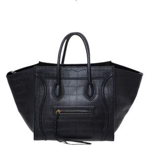 Pre Owned Celine Black Croc Embossed Leather Medium Phantom Luggage Tote 