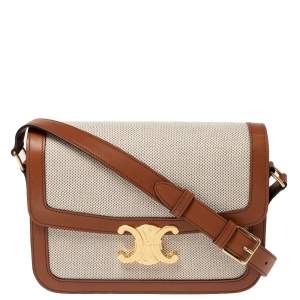 Pre Owned Celine Beige/Tan Canvas and Leather Triomphe Shoulder Bag