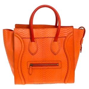 Pre Owned Celine Orange Python Mini Luggage Tote