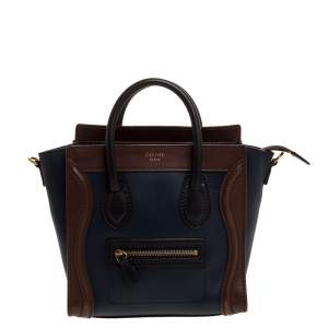 Pre Owned Celine Navy Blue/Brown Leather Nano Luggage Tote