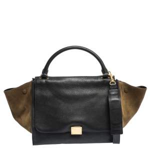 Pre Owned Celine Black/Khaki Leather and Suede Medium Trapeze Top Handle Bag