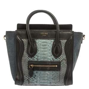 Pre Owned Celine Blue/Black Python/Leather and Suede Nano Luggage Tote