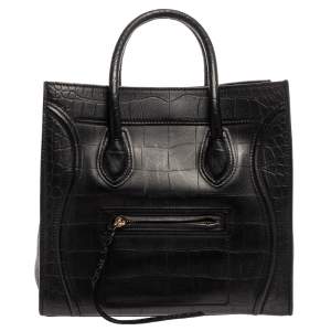Pre Owned Celine Black Croc Embossed Leather Medium Phantom Luggage Tote 