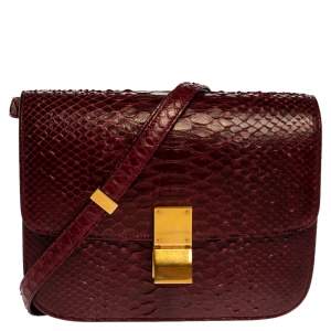 Pre Owned Celine Burgundy Python Medium Classic Box Shoulder Bag