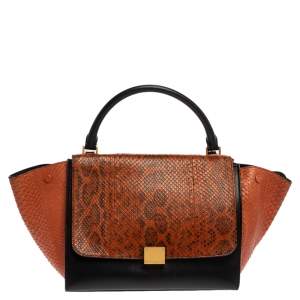 Pre Owned Celine Black/Orange Leather and Python Medium Trapeze Top Handle Bag