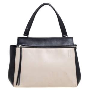 Pre Owned Celine Black/Off White Leather Medium Edge Top Handle Bag
