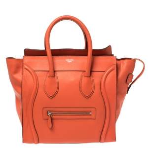 Pre Owned Celine Orange Leather Mini Luggage Tote