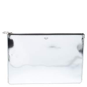 Pre Owned Celine Silver Mirror Leather Zipped Clutch