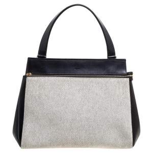 Pre Owned Celine Black/Ivory Leather and Canvas Medium Edge Top Handle Bag