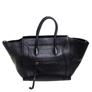 Pre Owned Celine Black Croc Embossed Leather Medium Phantom Luggage Tote