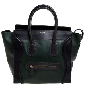 Pre Owned Celine Black/Dark Green Leather Mini Luggage Tote