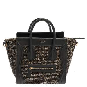 Pre Owned Celine Black/Beige Tweed and Leather Nano Luggage Tote