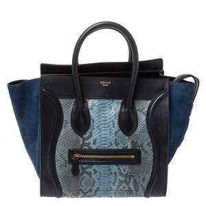 Pre Owned Celine Blue/Black Python, Suede and Leather Mini Luggage Tote