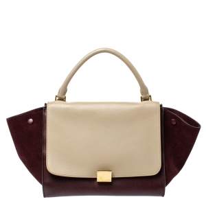 Pre Owned Celine Burgundy/Beige Leather and Suede Medium Trapeze Bag