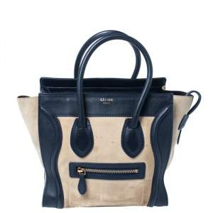 Pre Owned Celine Beige/Navy Blue Suede and Leather Micro Luggage Tote