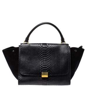 Pre Owned Celine Black Python and Suede Medium Trapeze Top Handle Bag