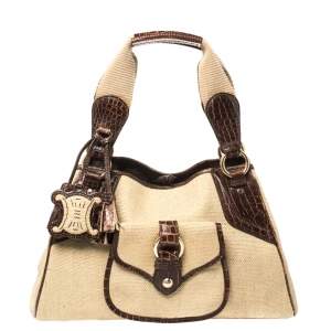 Pre Owned Celine Brown/Beige Canvas and Croc Embossed Leather Boogie Tassel Tote
