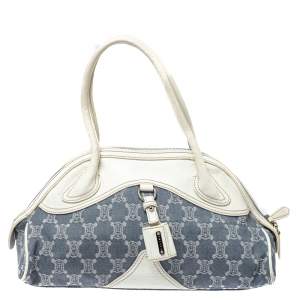 Pre Owned Celine White/Blue Macadam Canvas and Leather Dome Satchel