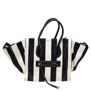 Pre Owned Celine Black/White Striped Canvas and Leather Medium Phantom Luggage Tote