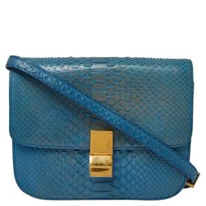 Pre Owned Celine Blue Python Medium Classic Box Shoulder Bag