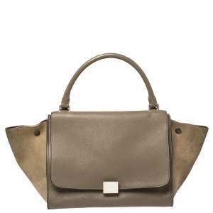 Pre Owned Celine Khaki Green Leather and Suede Medium Trapeze Top Handle Bag